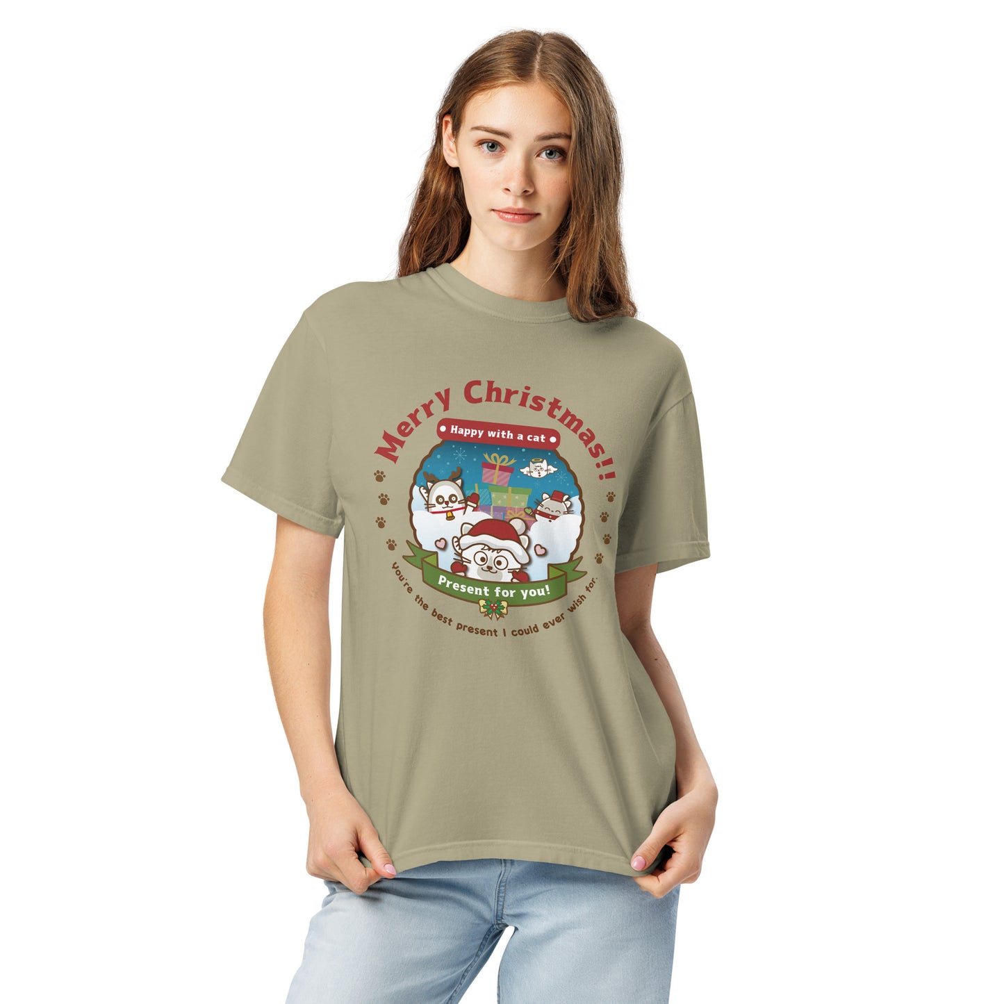 Merry Christmas!製品染めヘビーウェイトTシャツ[Comfort Colors 1717] / Happy with a cat...