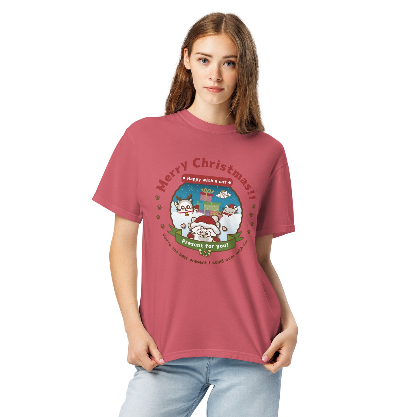 Merry Christmas!製品染めヘビーウェイトTシャツ[Comfort Colors 1717] / Happy with a cat...