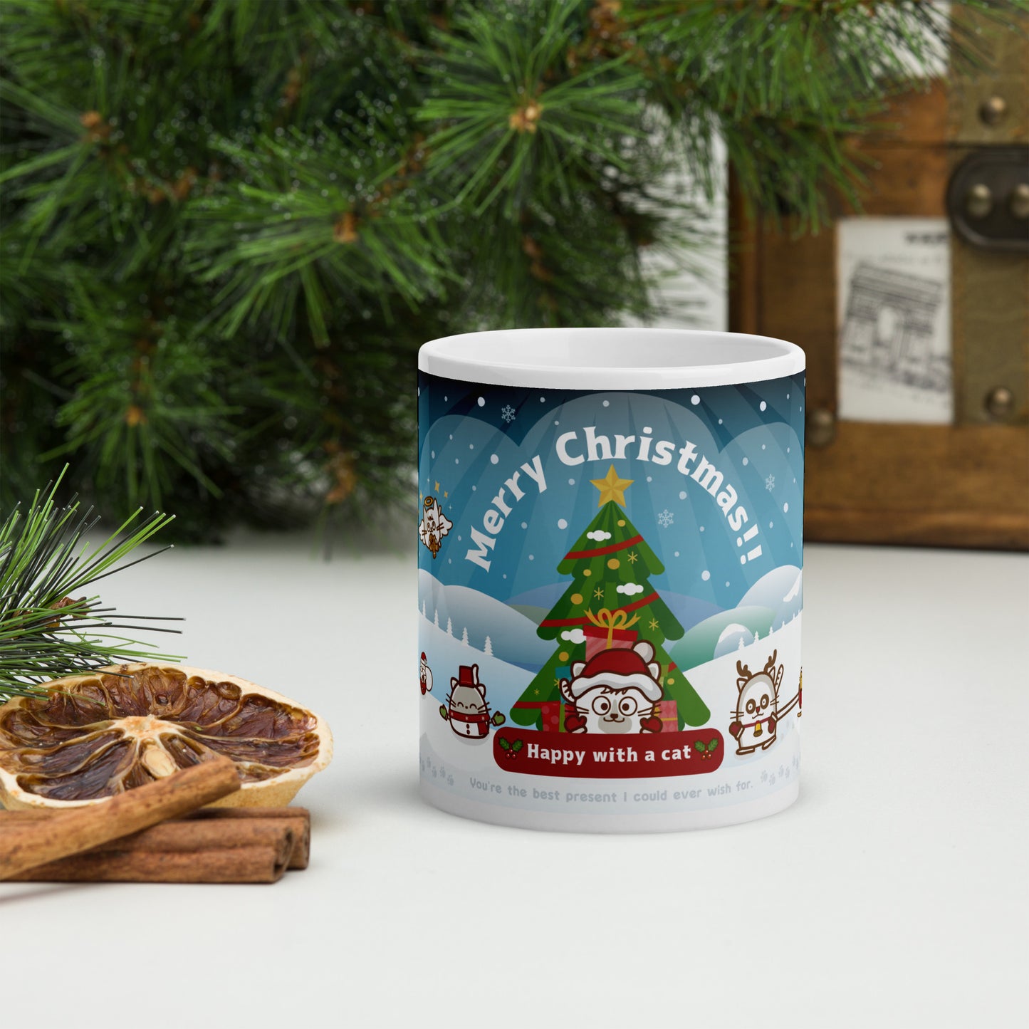 Merry Christmas! マグカップ（白）/ Happy with a cat...