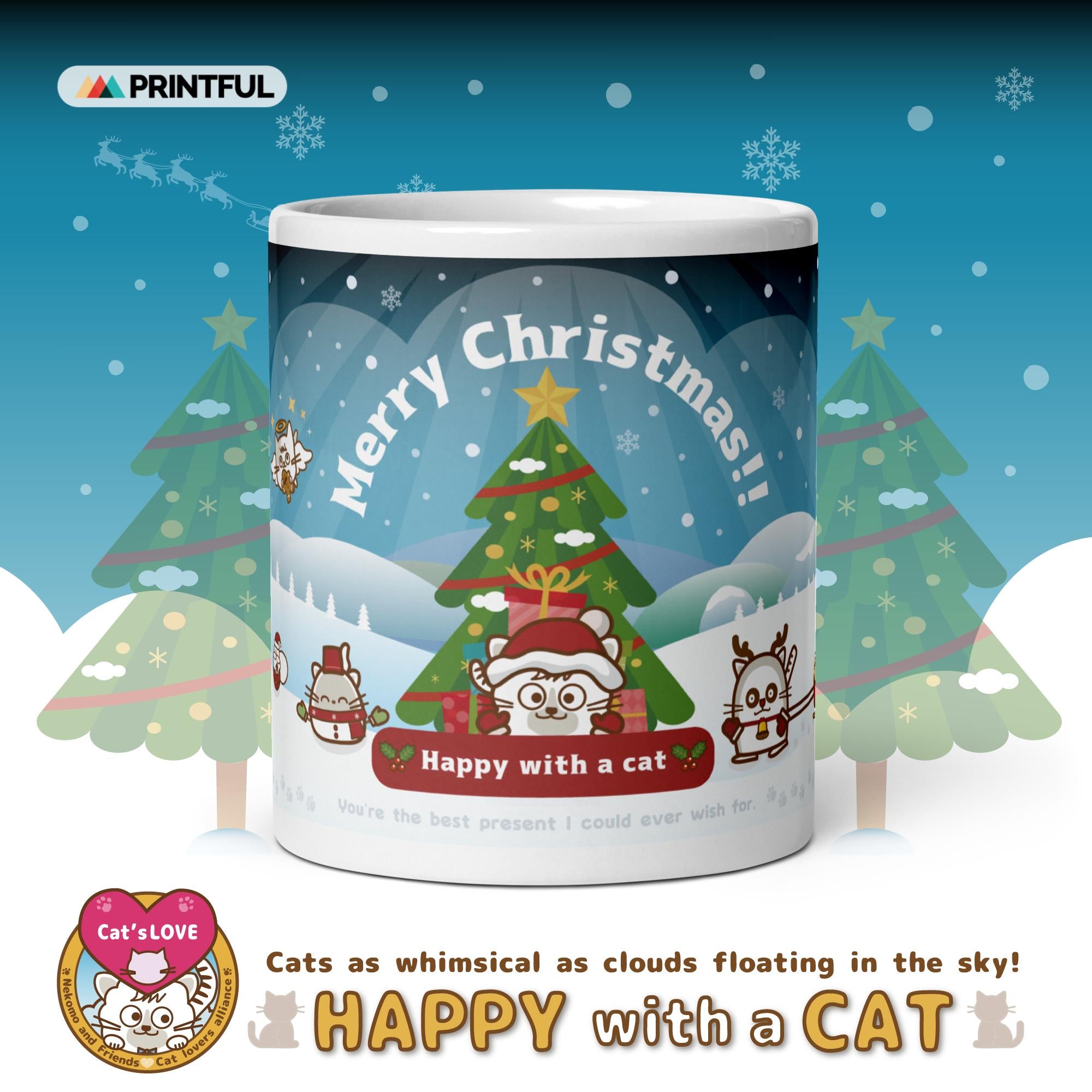 Merry Christmas! マグカップ（白）/ Happy with a cat – Lucky