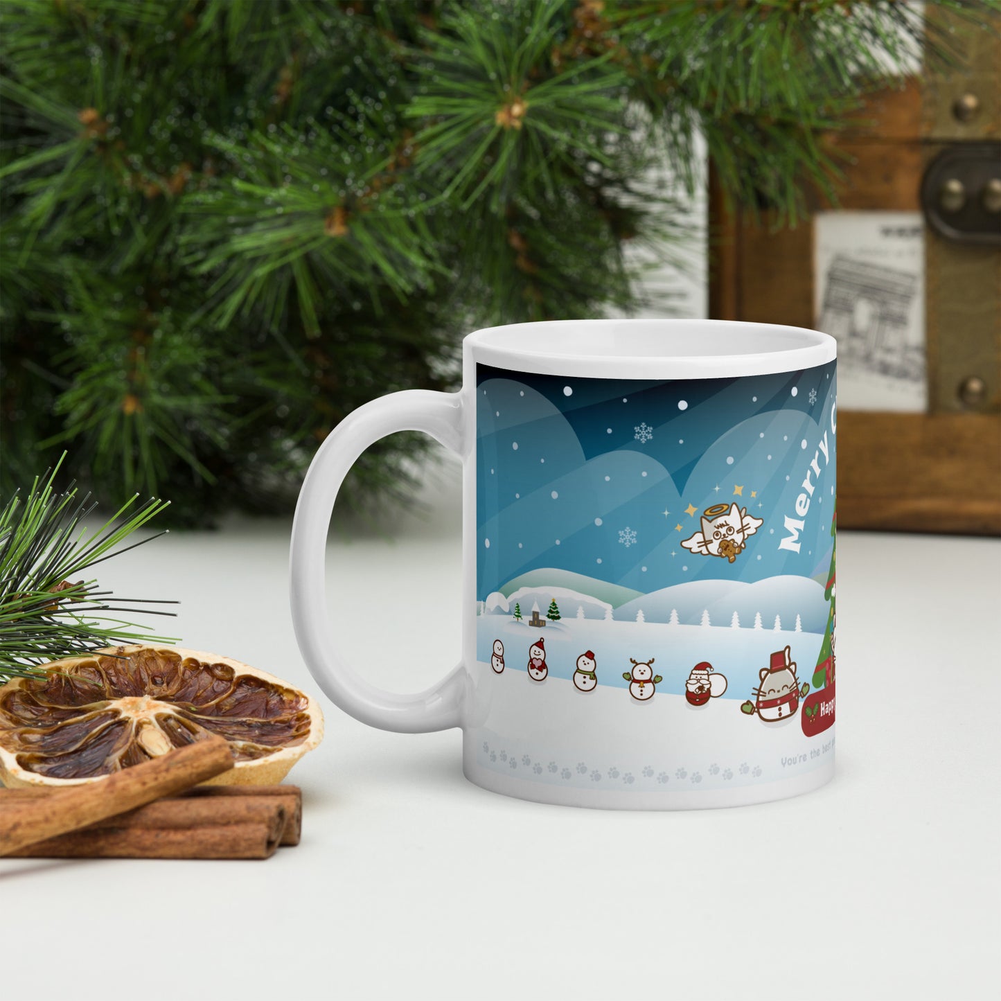 Merry Christmas! マグカップ（白）/ Happy with a cat...